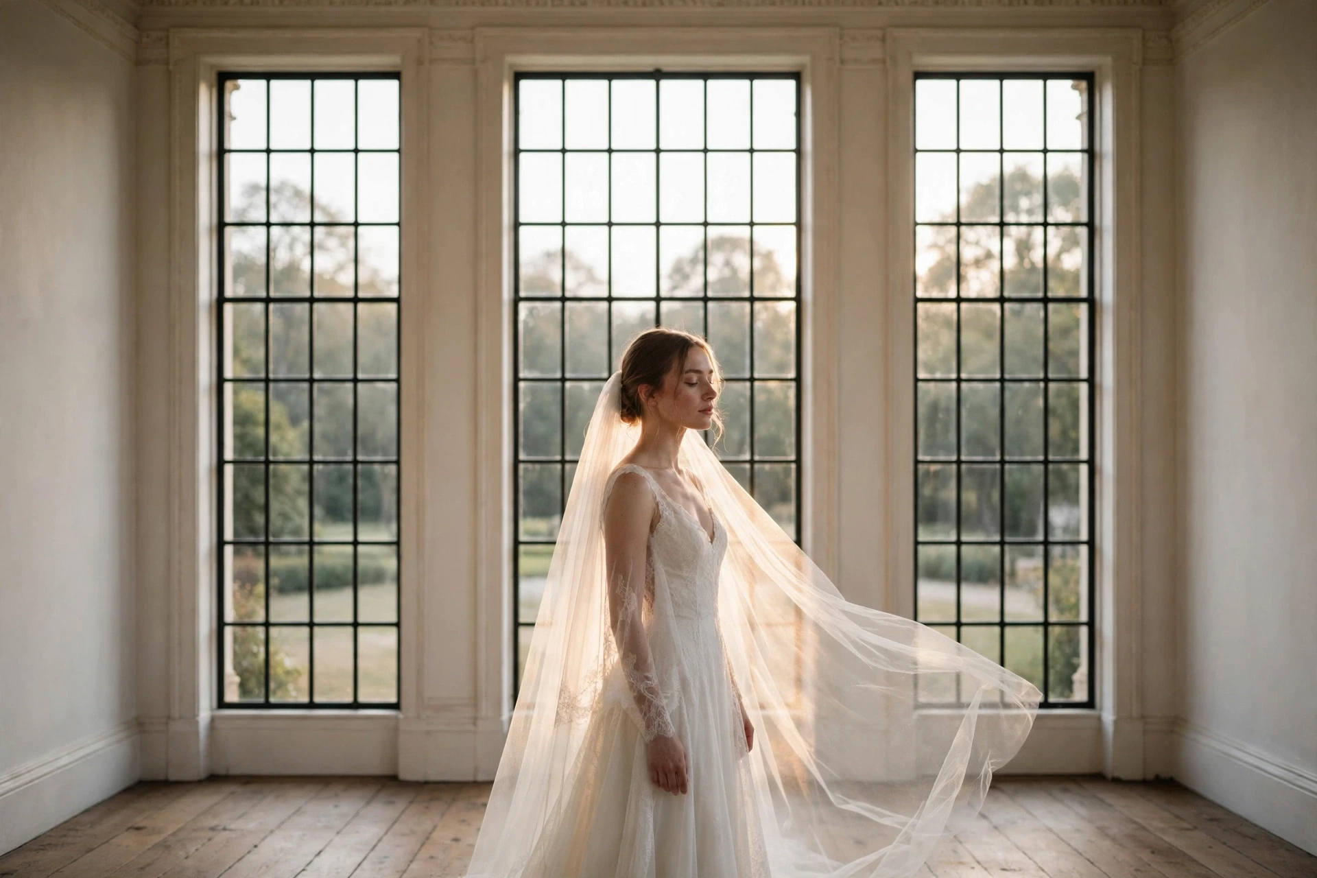 Bride framed by tall estate windows in soft light