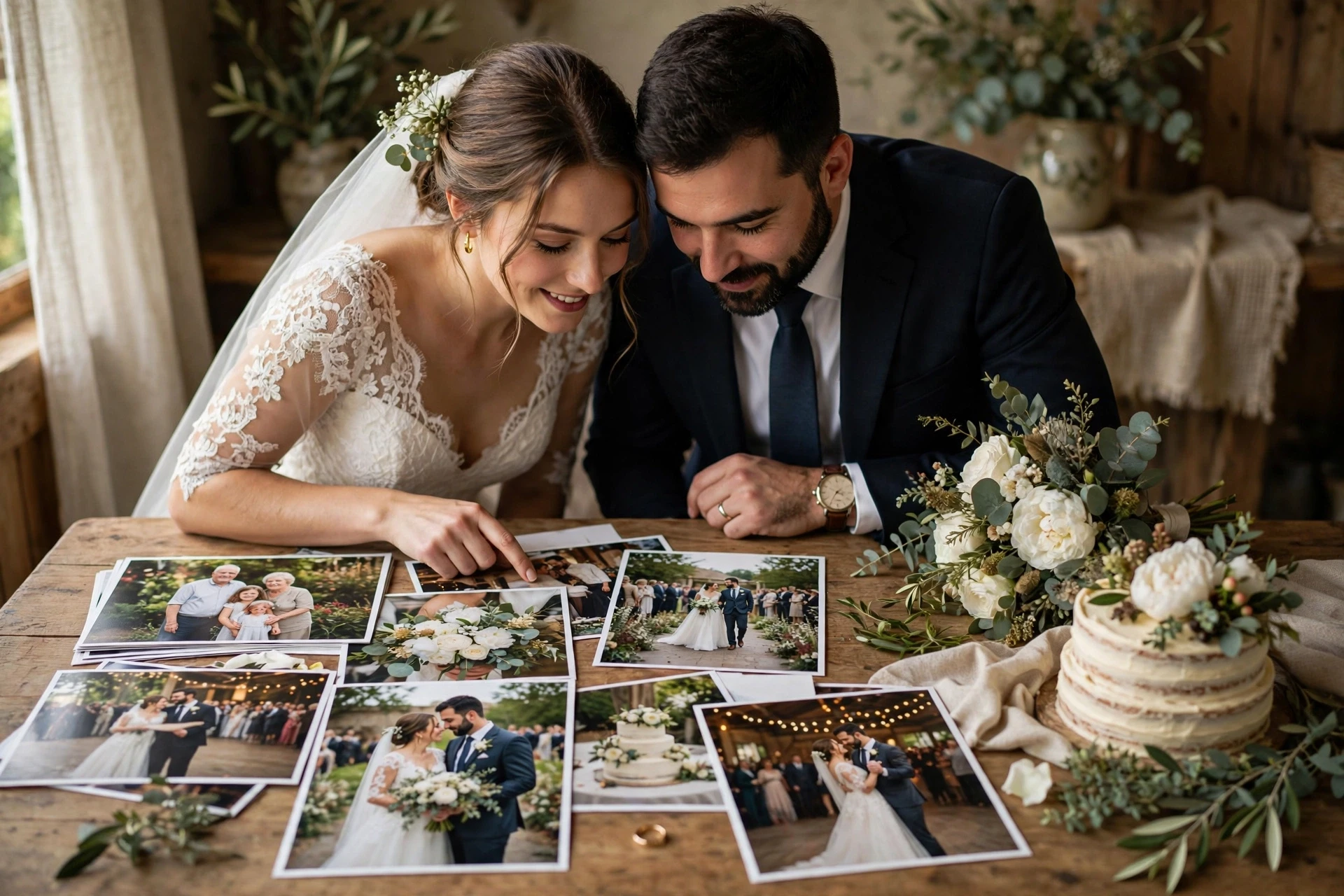 Bride and groom reviewing printed wedding photos