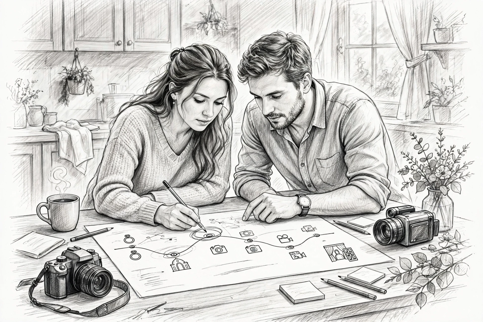 Couple circling handwritten wedding timeline on kitchen table
