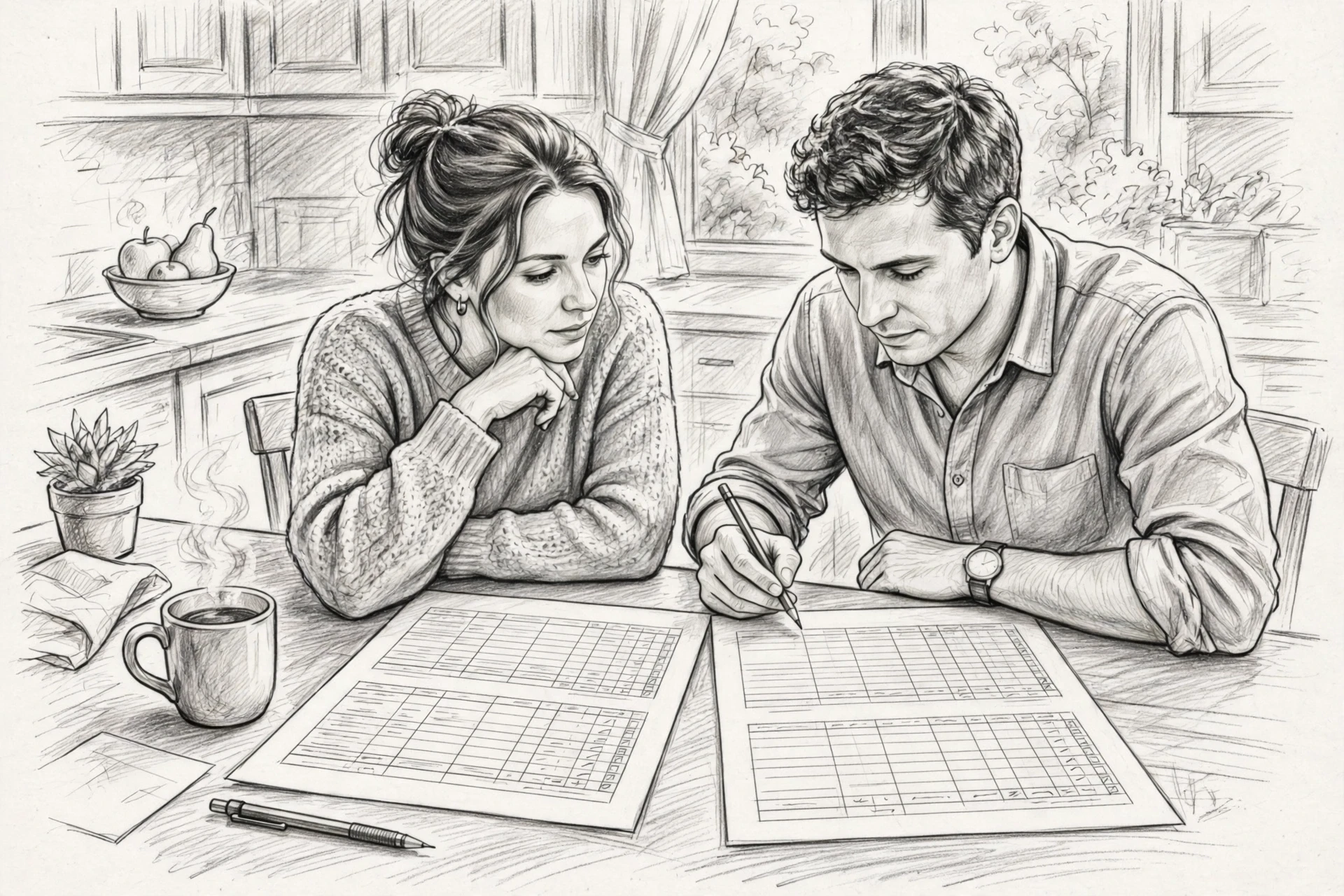 Couple comparing printed photography quotes at table