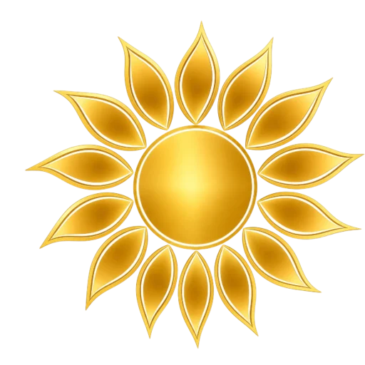 A stylized golden sun with a glowing circular center and pointed, leaf-like rays radiating outward on a light background.