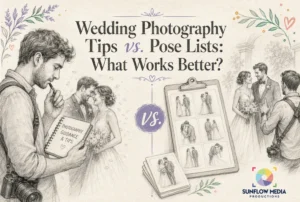 Illustration comparing wedding photography tips versus pose lists, showing a photographer with a notebook, a clipboard of pose photos, and couples posing, with decorative flowers and Sunflow Media Productions logo.