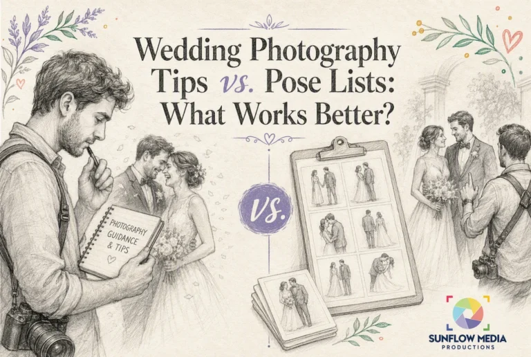 Illustration comparing wedding photography tips versus pose lists, showing a photographer with a notebook, a clipboard of pose photos, and couples posing, with decorative flowers and Sunflow Media Productions logo.