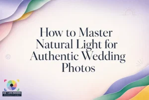 Text on pastel background reads “How to Master Natural Light for Authentic Wedding Photos.” A colorful logo in the lower left says “HUE I LOVE MEMORIES PRODUCTIONS.” Soft, wavy shapes frame the edges.