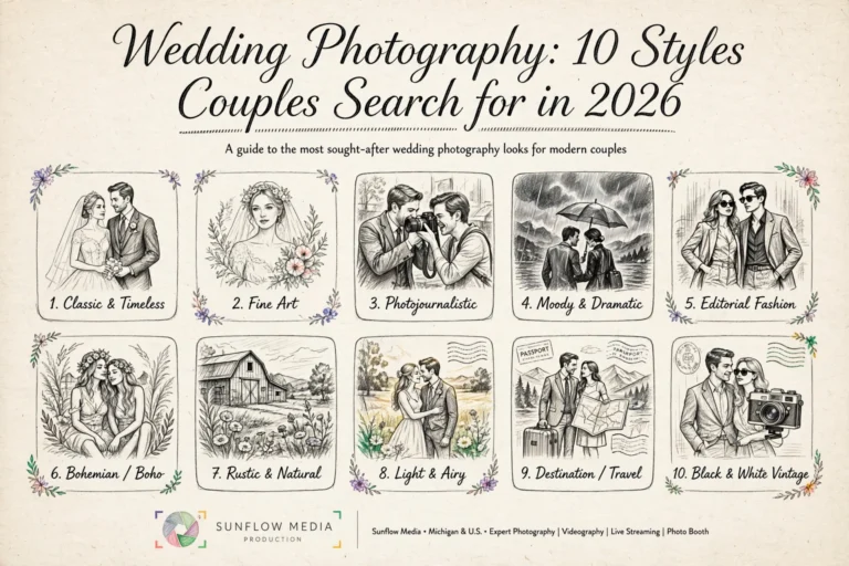 Ten hand-drawn illustrations show popular 2026 wedding photography styles, including classic, fine art, photojournalistic, moody, editorial, bohemian, rustic, light & airy, destination, and black and white vintage.