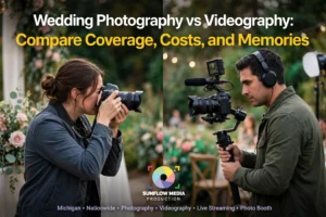 A woman with a camera and a man with video equipment face each other outdoors at a wedding. Text contrasts wedding photography vs videography, highlighting coverage, costs, and memories.