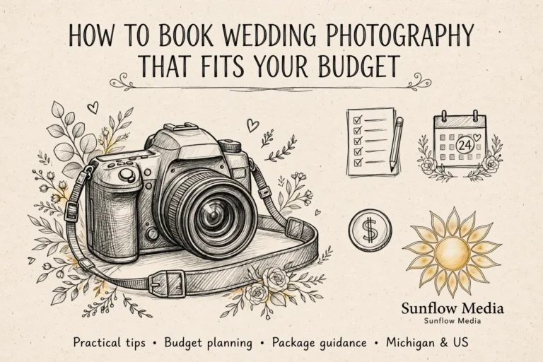 A hand-drawn camera with wedding icons illustrates a guide on booking wedding photography to fit your budget. Text highlights tips, budget planning, and package guidance. Sunflower logo for Sunflow Media, Michigan & US.