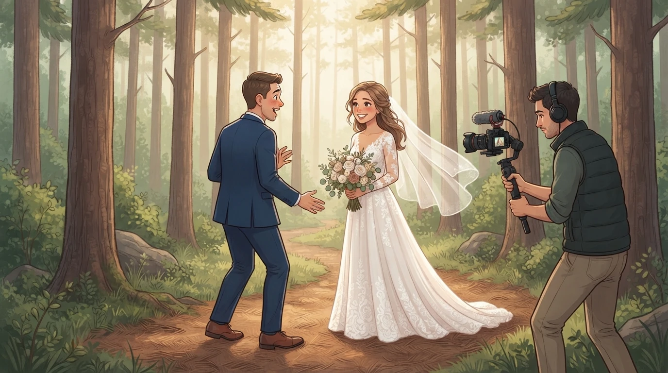 Groom turning to see his bride