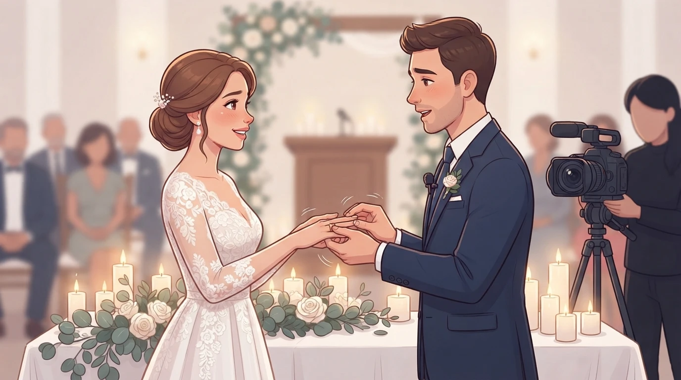 Couple exchanging rings at the altar