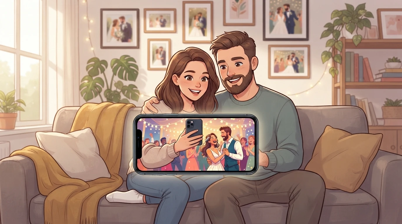 Couple watching wedding video on phone
