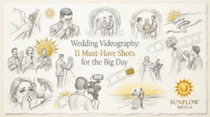 A collection of sketches depicting 11 essential wedding moments, titled “Wedding Videography: 11 Must-Have Shots for the Big Day,” with the Sunflow Media logo in the corner.