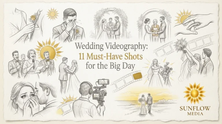 A collection of sketches depicting 11 essential wedding moments, titled “Wedding Videography: 11 Must-Have Shots for the Big Day,” with the Sunflow Media logo in the corner.
