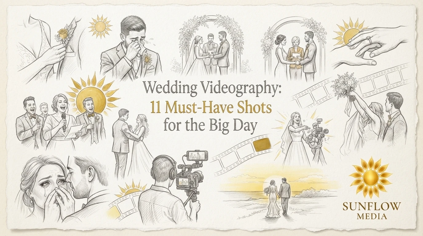 A collection of sketches depicting 11 essential wedding moments, titled “Wedding Videography: 11 Must-Have Shots for the Big Day,” with the Sunflow Media logo in the corner.