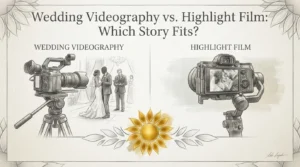 An infographic titled “Wedding Videography vs. Highlight Film: Which Story Fits?” comparing a professional camcorder filming a wedding ceremony to a smaller camera on a gimbal capturing a close-up portrait of a bride and groom.
