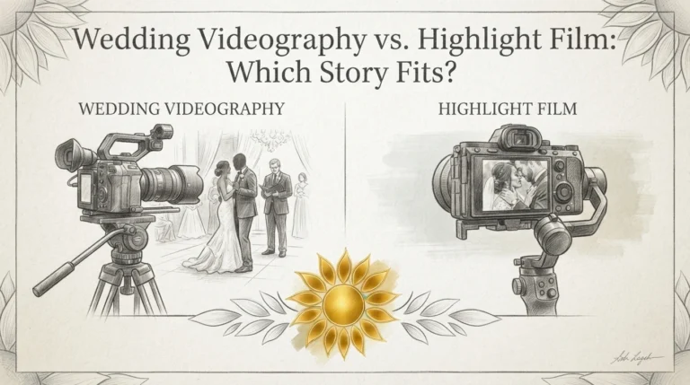 An infographic titled “Wedding Videography vs. Highlight Film: Which Story Fits?” comparing a professional camcorder filming a wedding ceremony to a smaller camera on a gimbal capturing a close-up portrait of a bride and groom.