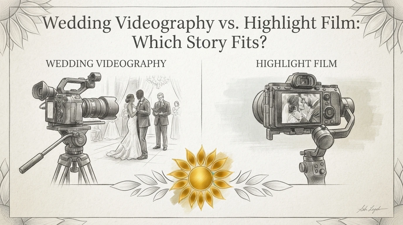 An infographic titled “Wedding Videography vs. Highlight Film: Which Story Fits?” comparing a professional camcorder filming a wedding ceremony to a smaller camera on a gimbal capturing a close-up portrait of a bride and groom.