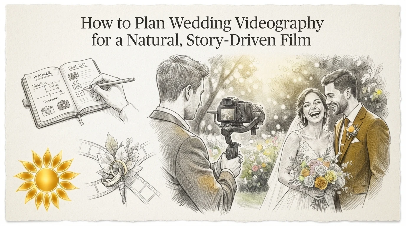 A sketch-style illustration titled “How to Plan Wedding Videography for a Natural, Story-Driven Film,” showing a videographer filming a laughing bride and groom, alongside a notebook with planning notes and an icon of wedding rings.